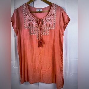 OSO Casuals Womens Orange Embroidered Shirt Sleeves Top Blouse Rayon Sz M
